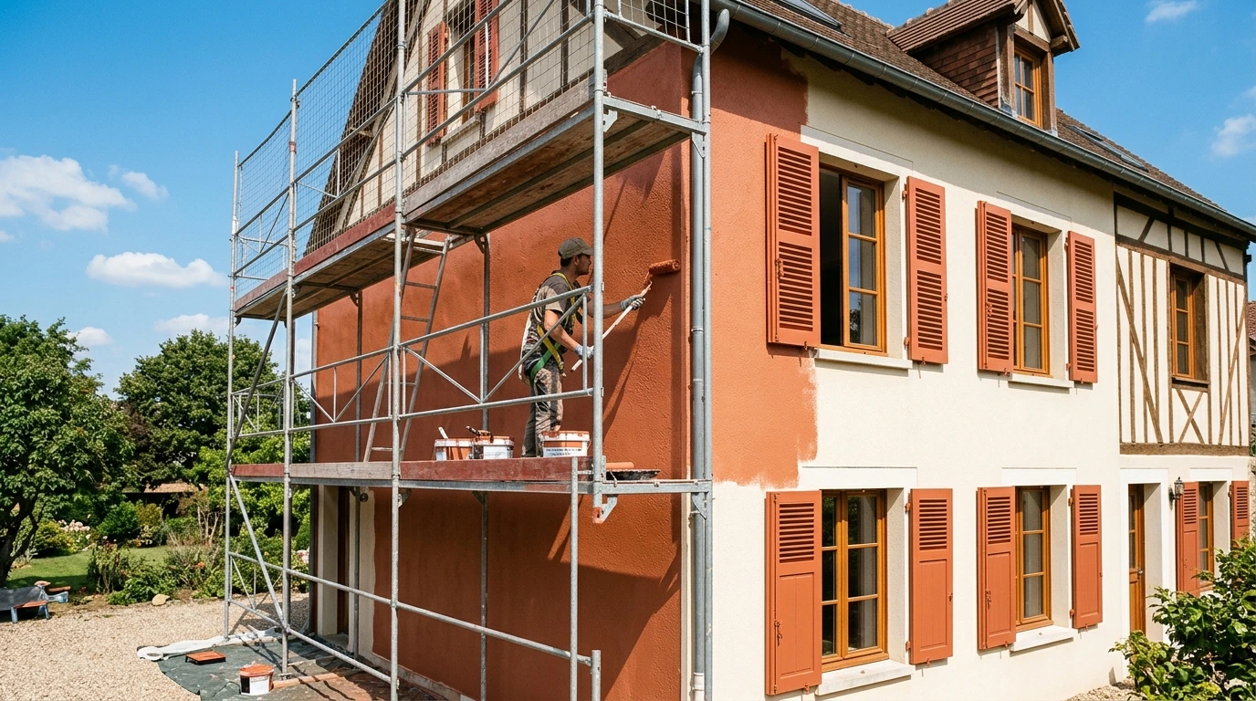 Ravalement et peinture d'une façade sur échafaudage