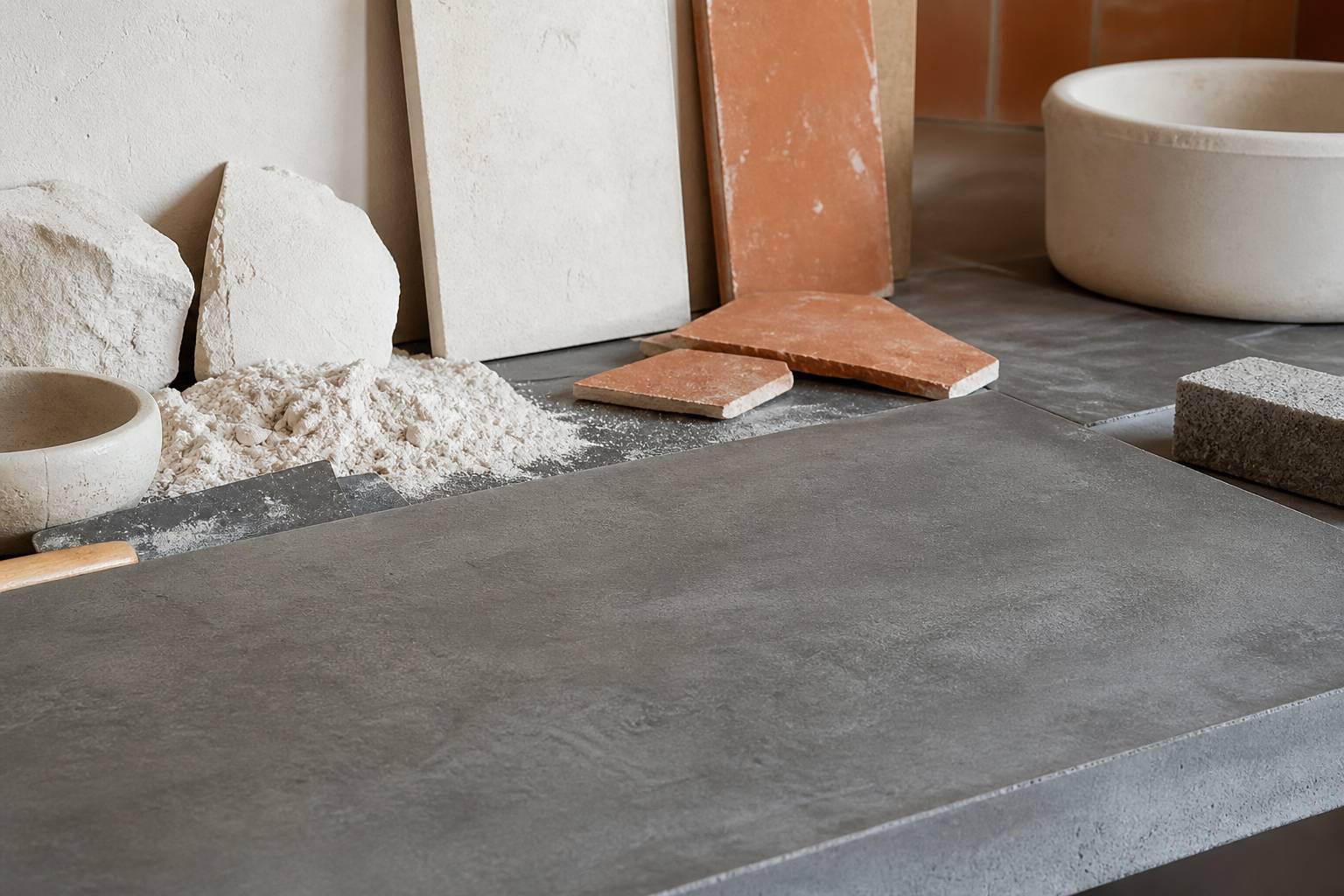 Application du beton cire sur un plan de travail a la truelle, texture lisse