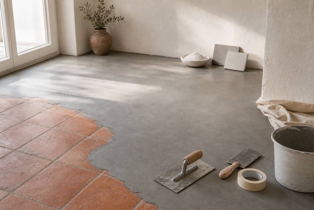 Renovation de carrelage par application de beton cire, resultat moderne et uniforme