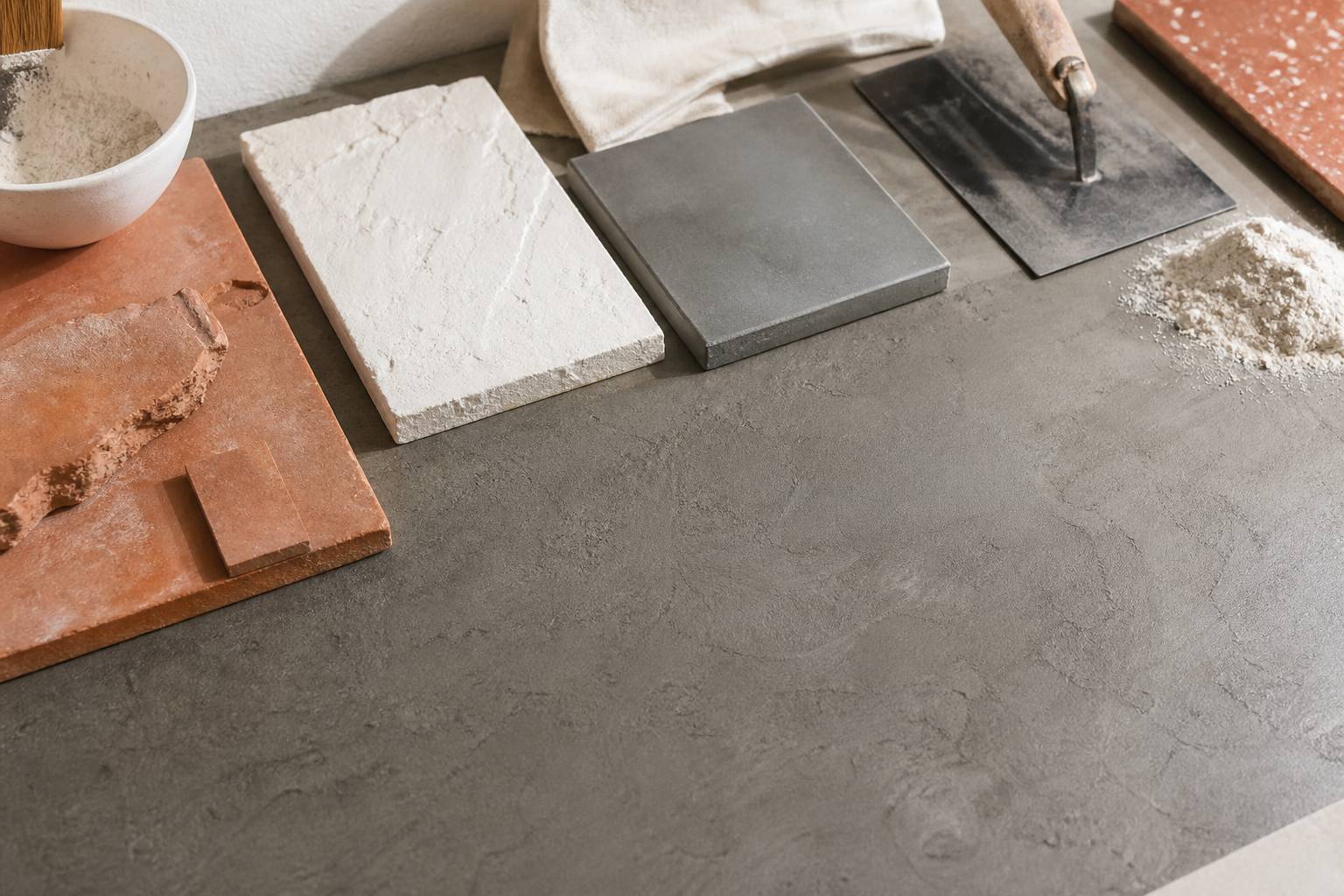 Chantier de beton cire avec seau truelle et melange, preparation de la surface