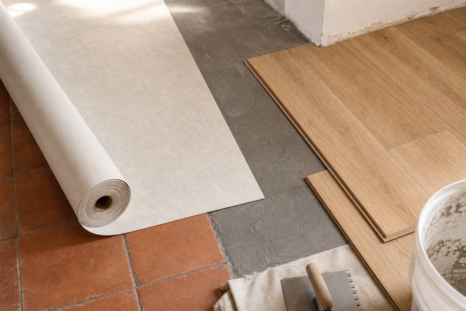 Échantillons de sol PVC et lames de parquet flottant posés côte à côte