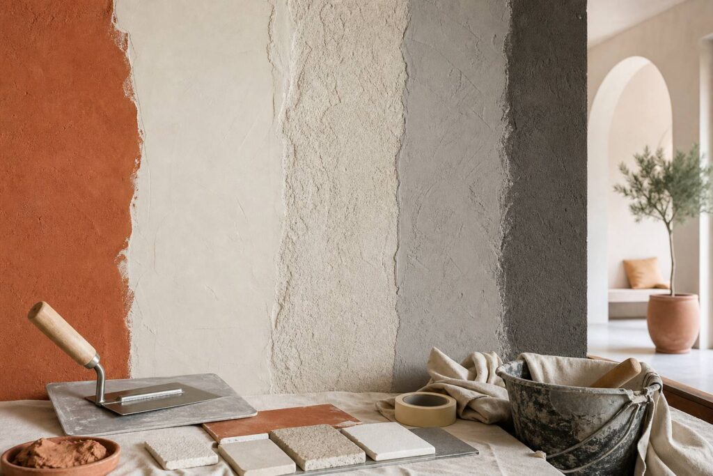 Enduit décoratif appliqué sur un mur intérieur avec effets de texture et matière