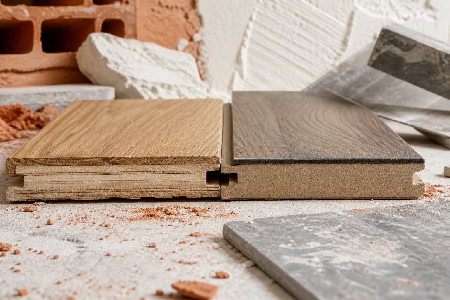 Détail des lames de parquet flottant et stratifié montrant les couches et finitions