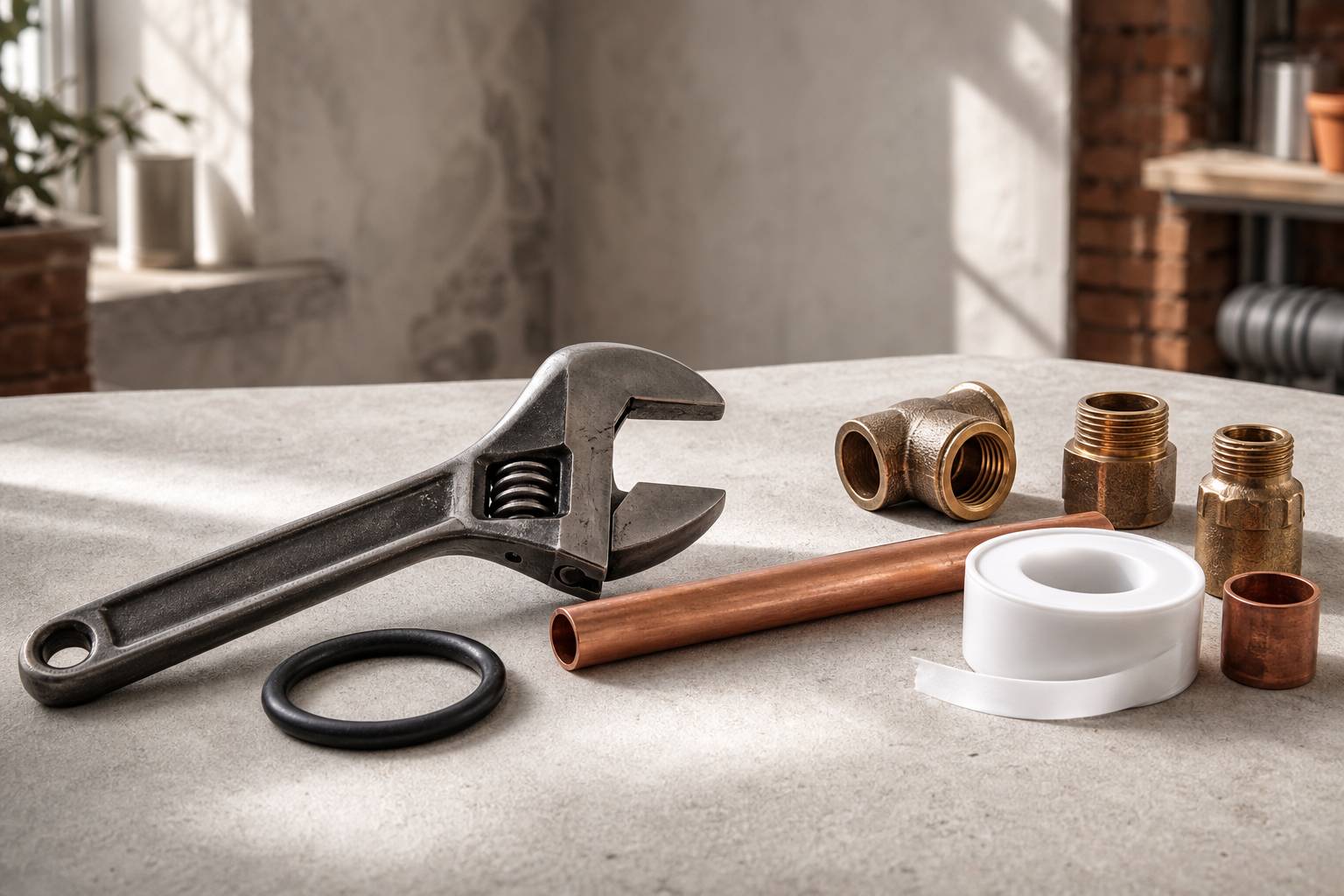Outils de plomberie professionnels clé à molette et tuyaux cuivre sur plan de travail