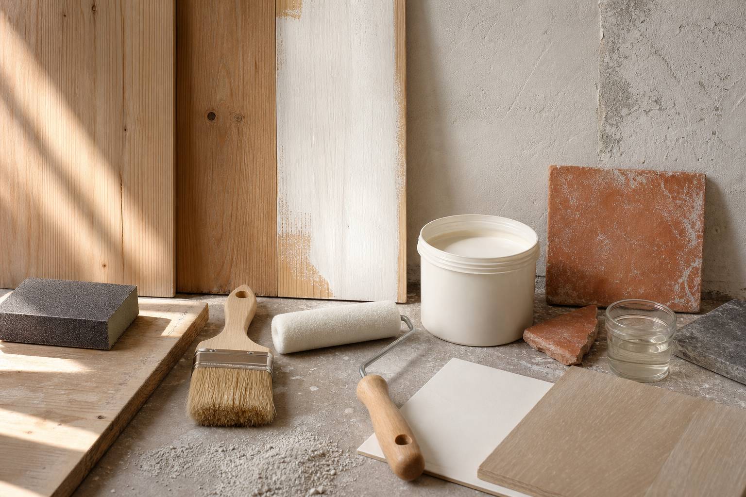 Papier de verre et outils de préparation pour peindre un meuble en bois