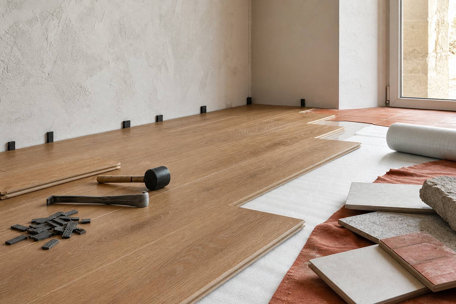 Lames de parquet flottant en cours de pose avec marteau et cale de frappe