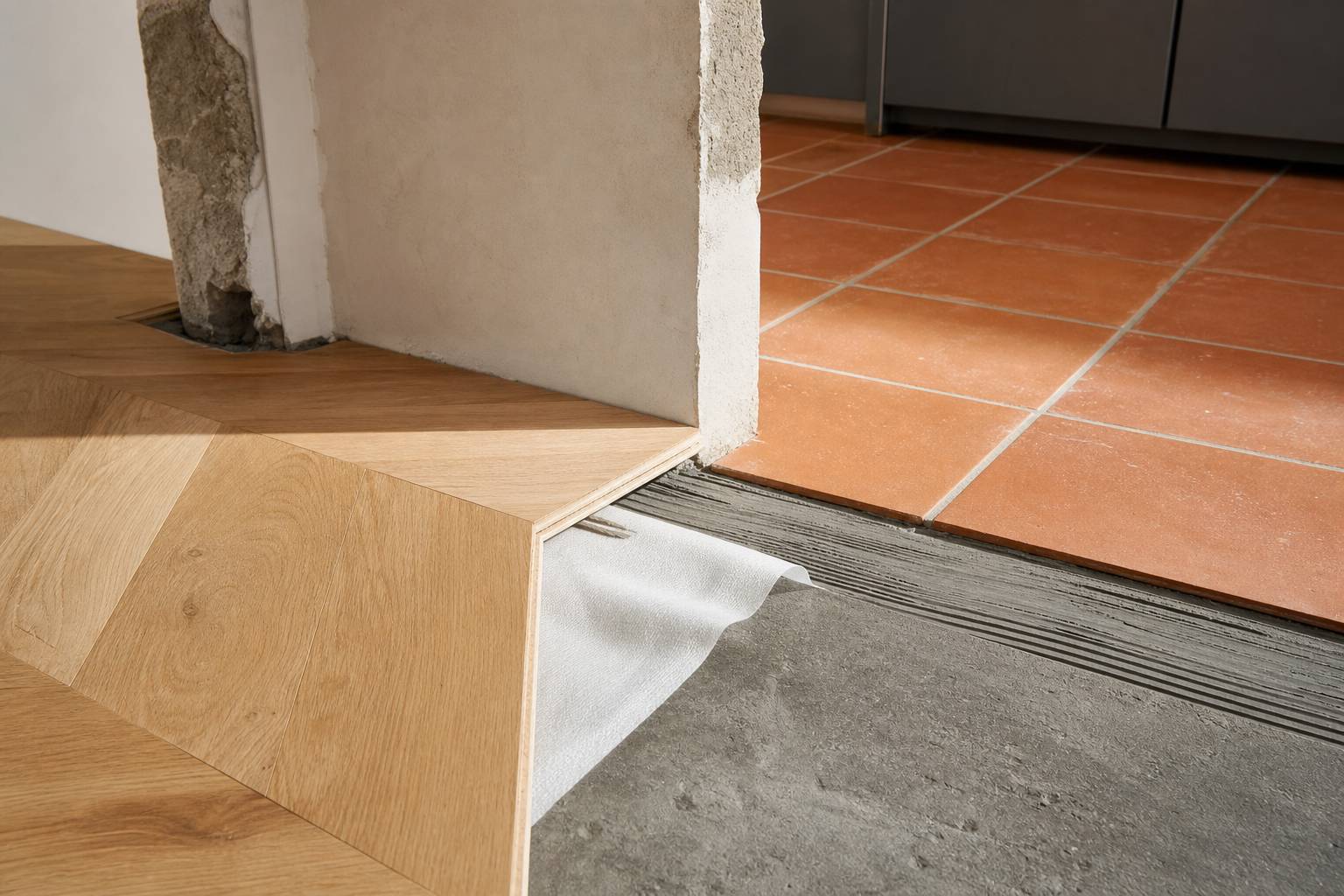 Lames de parquet flottant emboîtées sur une sous-couche, chantier de pose