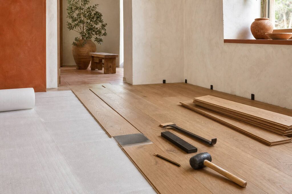 Pose de parquet flottant avec lames emboîtées sur sous-couche isolante