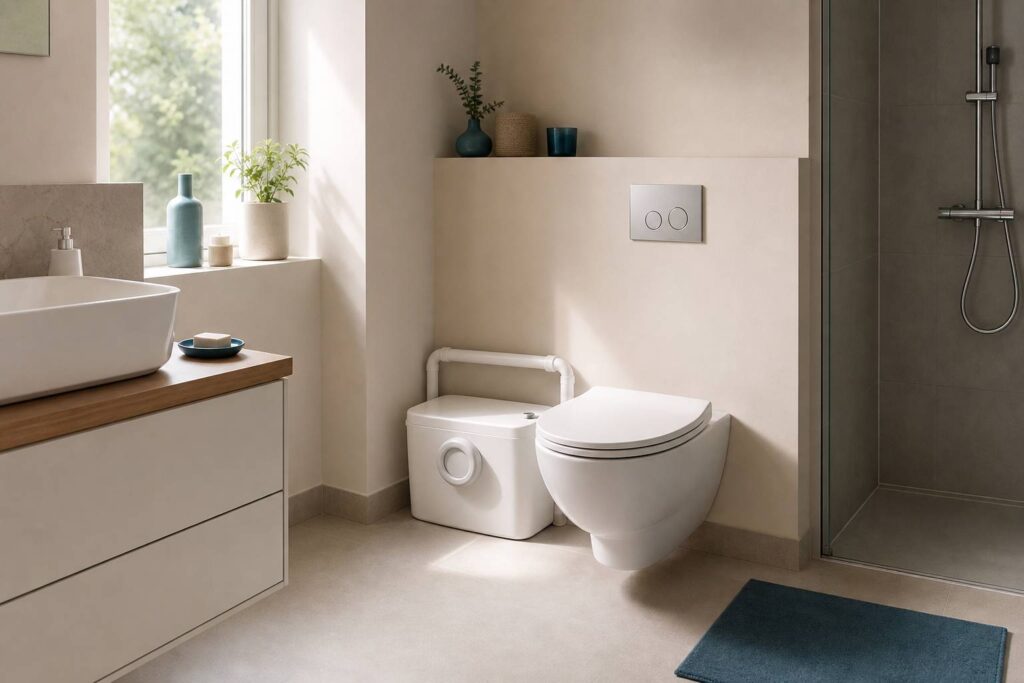 Sanibroyeur design installe dans une salle de bain moderne aux tons neutres