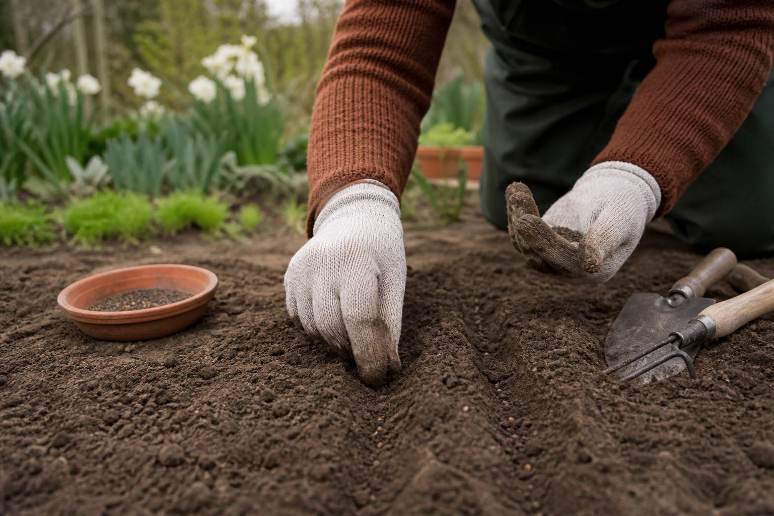 Jardinier plantant des graines de coquelicots dans une terre fraiche au printemps