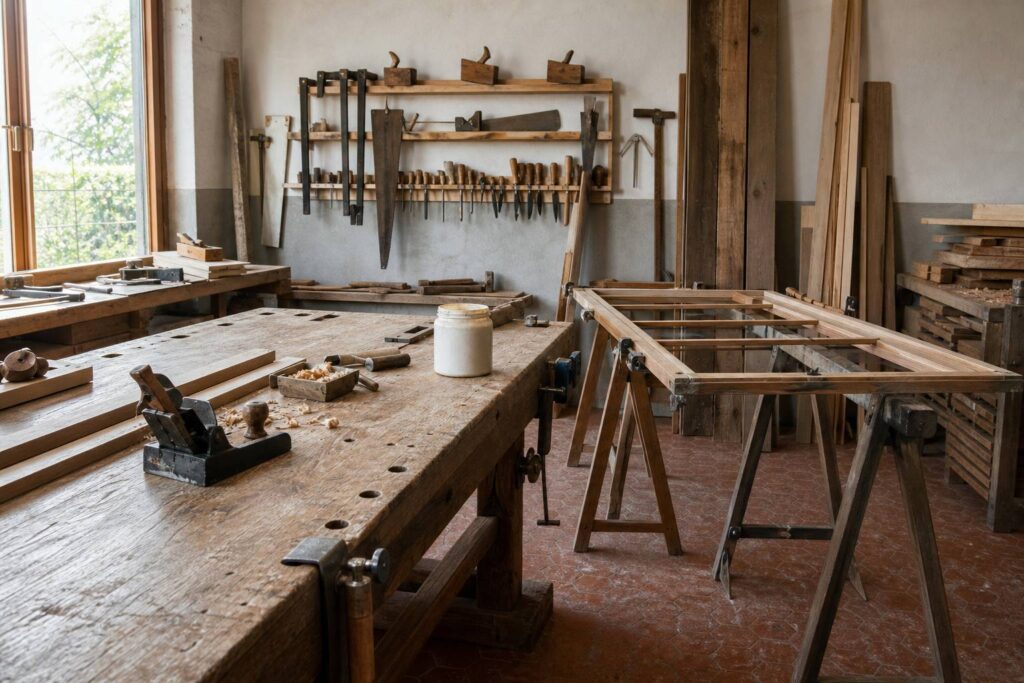 Atelier de menuiserie avec établi, outils muraux et fenêtre en bois en restauration