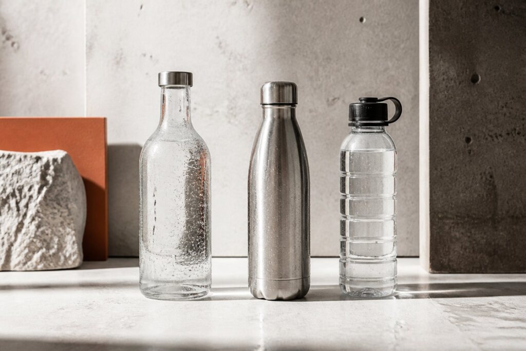 Trois bouteilles d'eau en verre, inox et plastique sur une surface minérale
