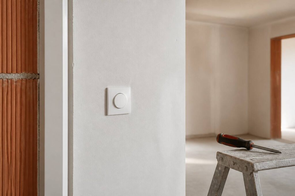 Bouton poussoir blanc encastré dans un mur fraîchement peint