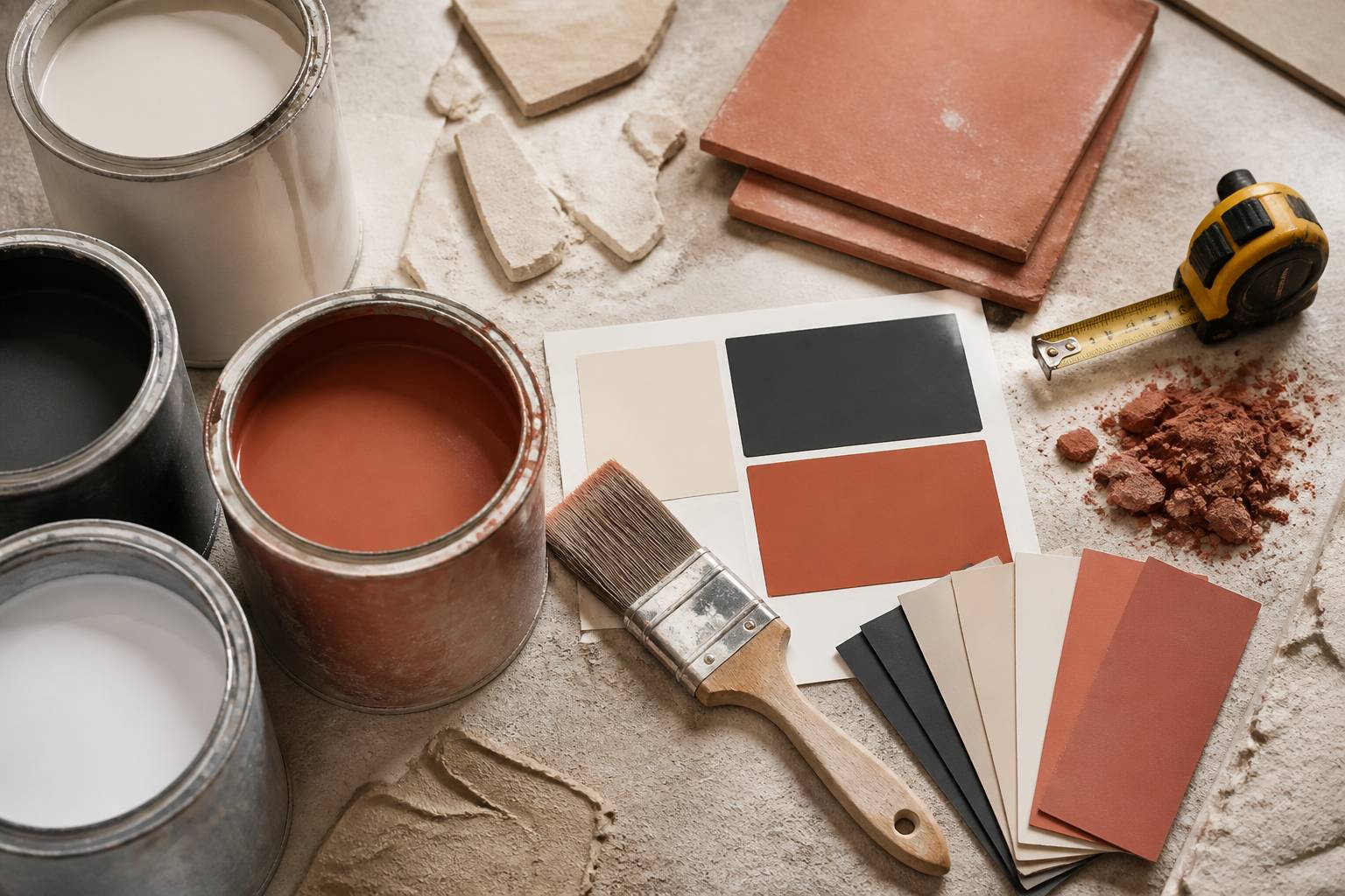 Échantillons de peinture et outils sur un plan de travail
