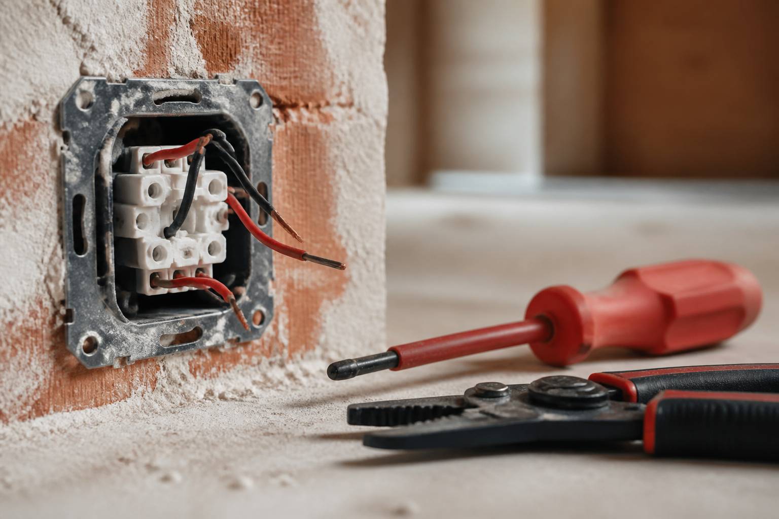 Mécanisme de bouton poussoir ouvert avec fils électriques et tournevis
