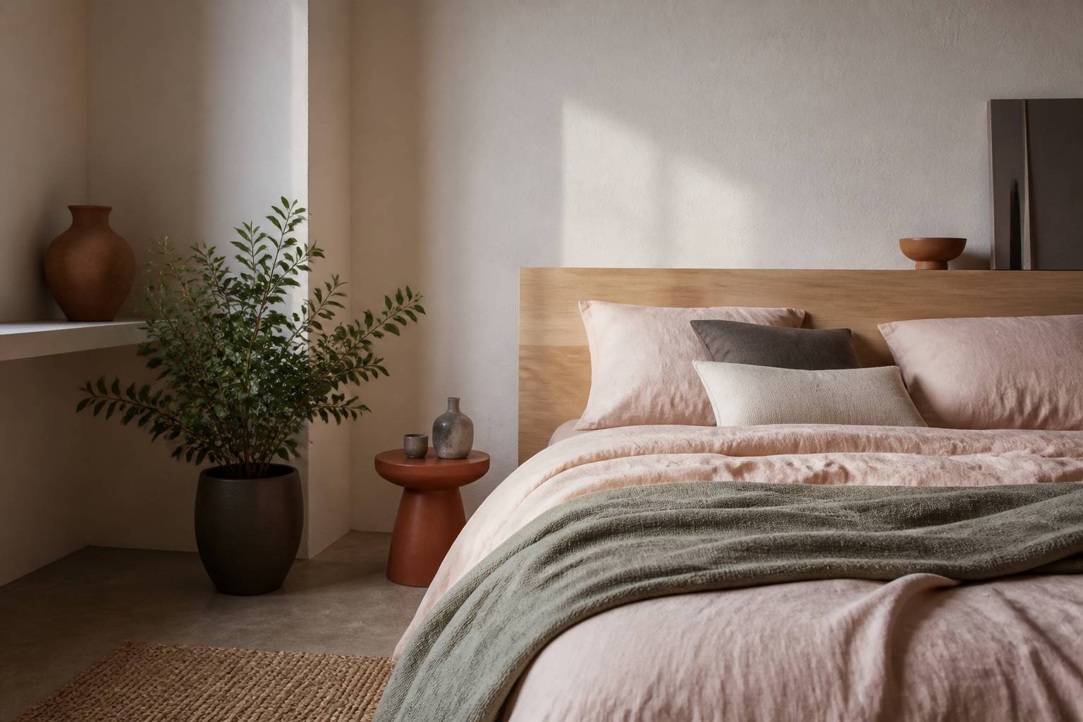 Chambre pastel avec literie rose poudré et accents vert sauge