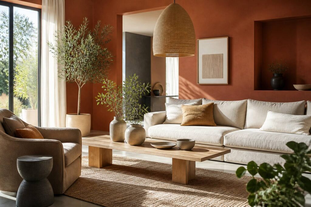 Salon lumineux aux murs marron avec canapé beige et coussins clairs