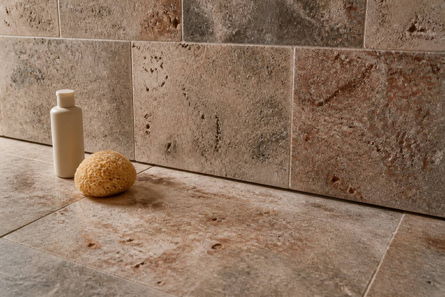 Gros plan sur des dalles de travertin avec leur texture calcaire poreuse