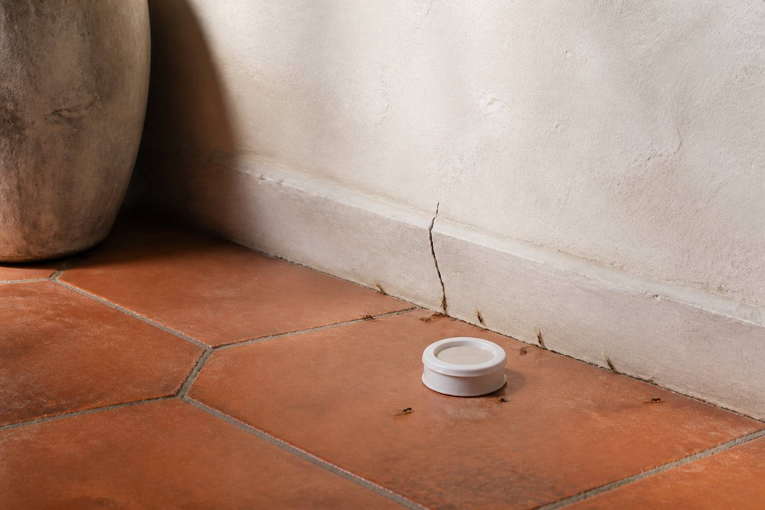 Fourmis ailées près d'une plinthe avec une coupelle d'appât sur un sol carrelé