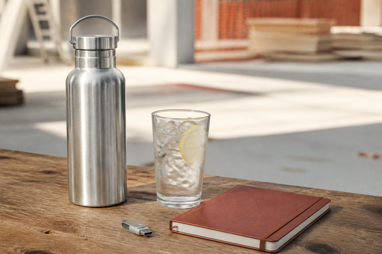 Gourde en inox posée sur un bureau en bois avec un verre d'eau fraîche
