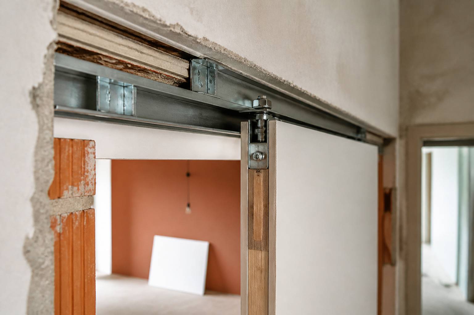 Mécanisme coulissant d'une porte à galandage avec rail métallique
