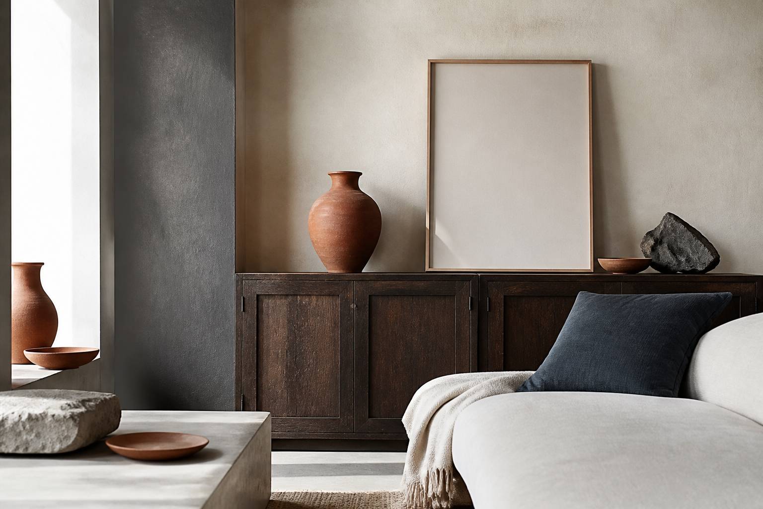 Meuble en bois marron associé à un vase terracotta et un coussin bleu
