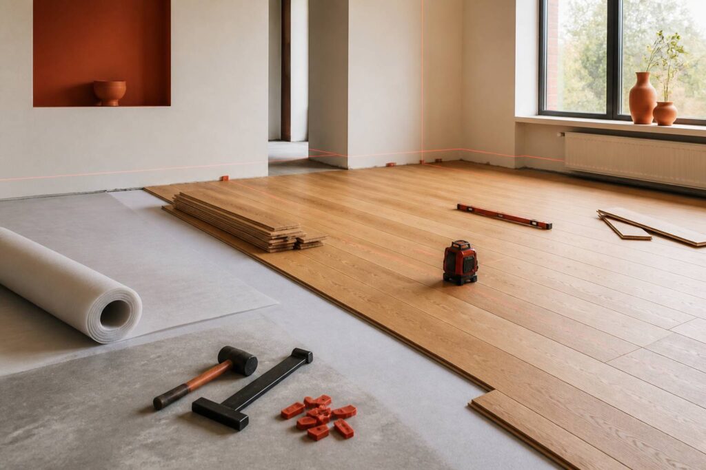 Pièce lumineuse avec pose de parquet contrecollé en chêne en cours