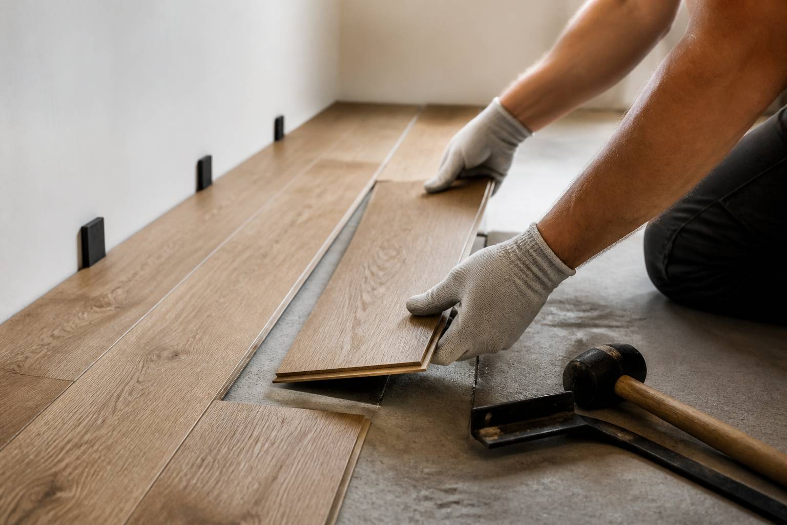 Mains gantées posant une lame de parquet contrecollé avec des cales d'écartement