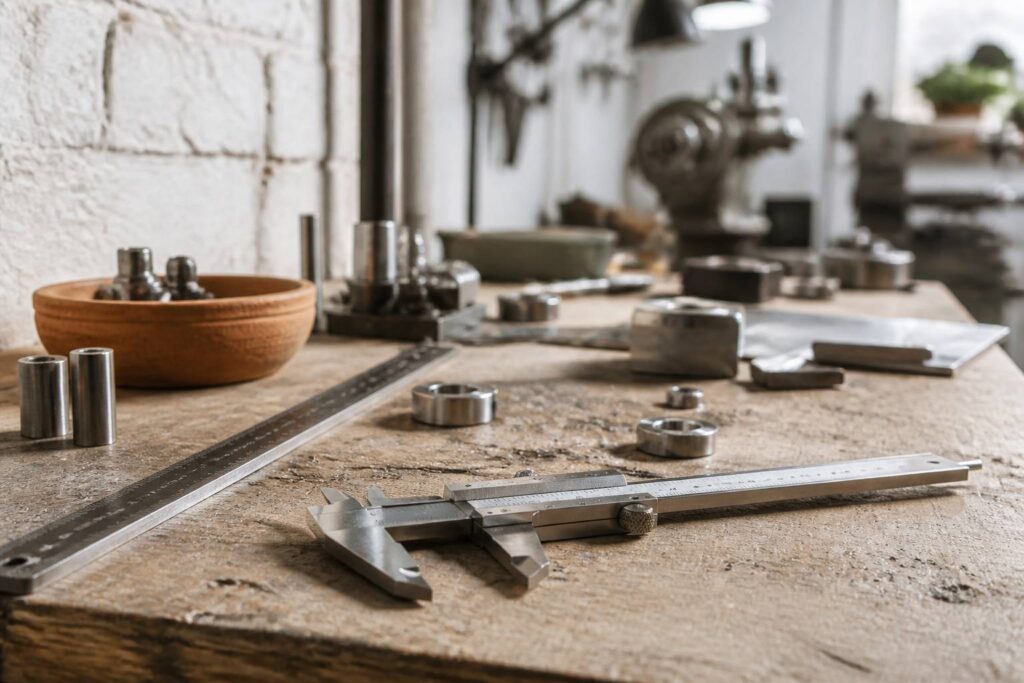 Pied à coulisse en inox posé sur un établi en bois avec des pièces mécaniques