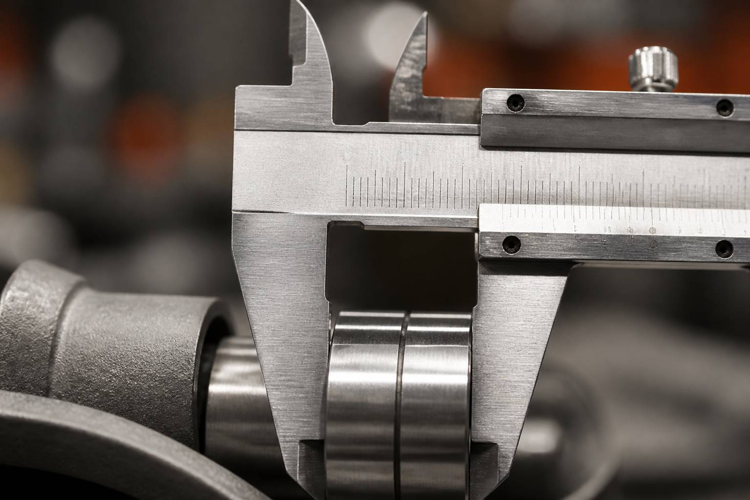 Pied à coulisse mesurant une pièce cylindrique métallique en gros plan