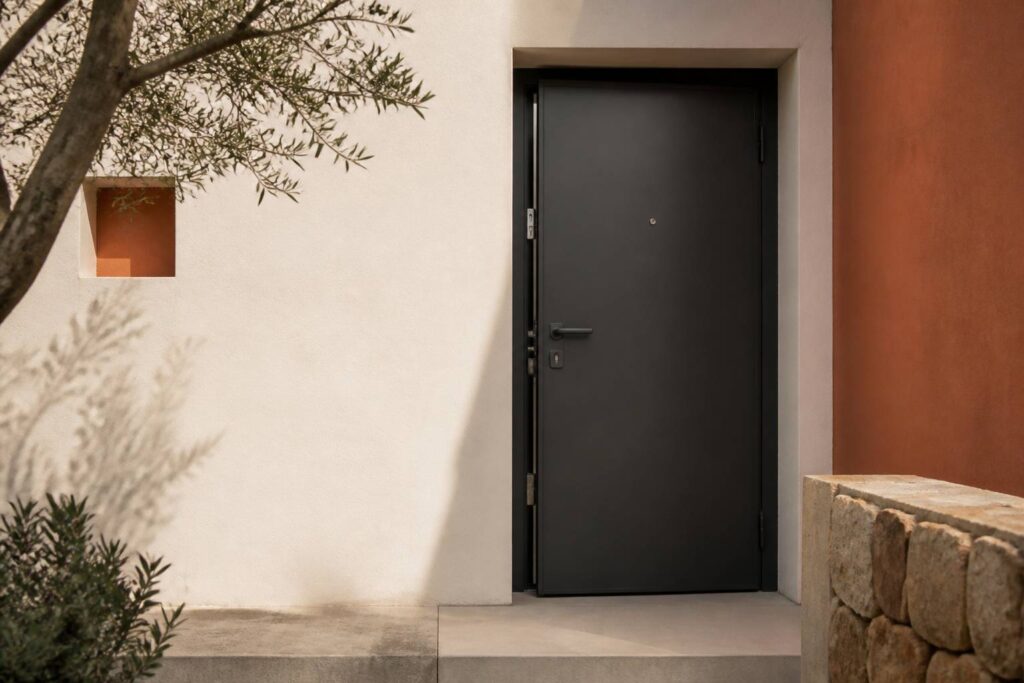 Porte blindée en acier anthracite avec serrure multipoints dans une entrée