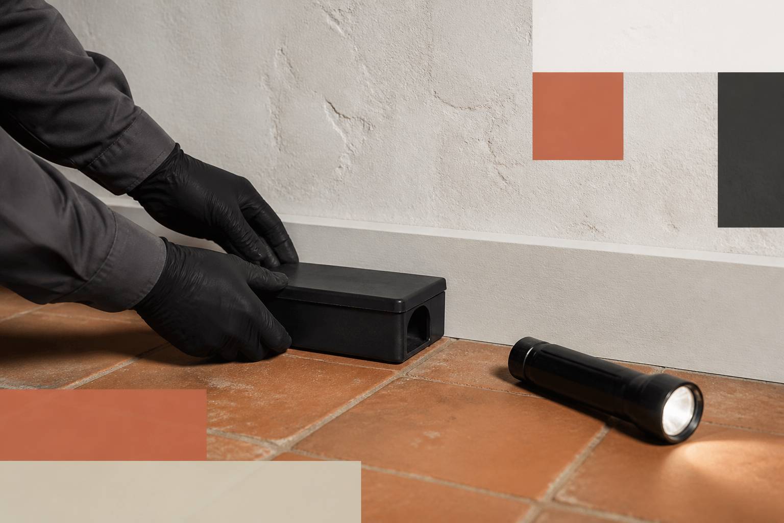 Mains gantées installant un piège sécurisé près d'une plinthe