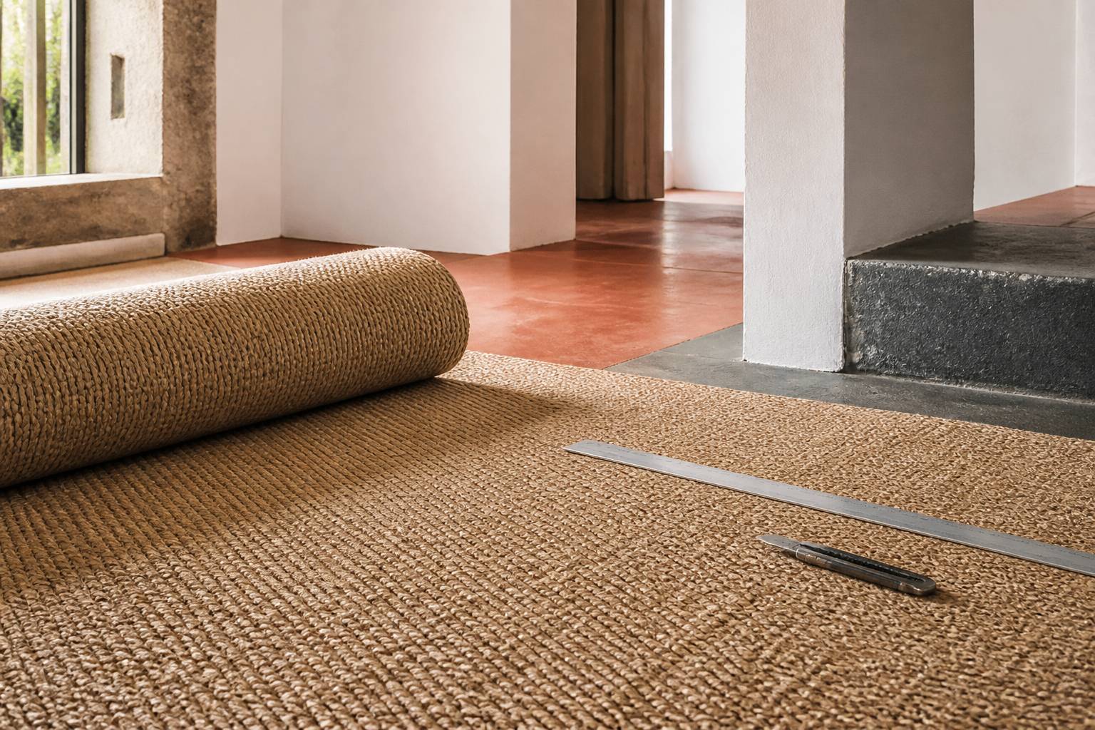 Rouleau de sisal déroulé avec outils de pose au sol