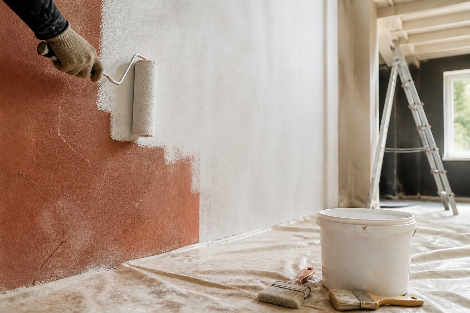 Main gantée appliquant de la peinture au rouleau sur un mur avec bâche de protection
