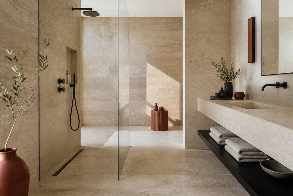 Salle de bain moderne en travertin avec douche à l'italienne et vasque en pierre