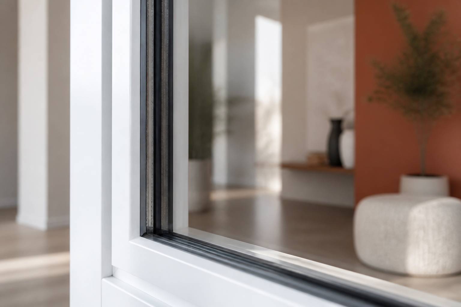 Profil PVC et double vitrage d'une porte-fenêtre en gros plan