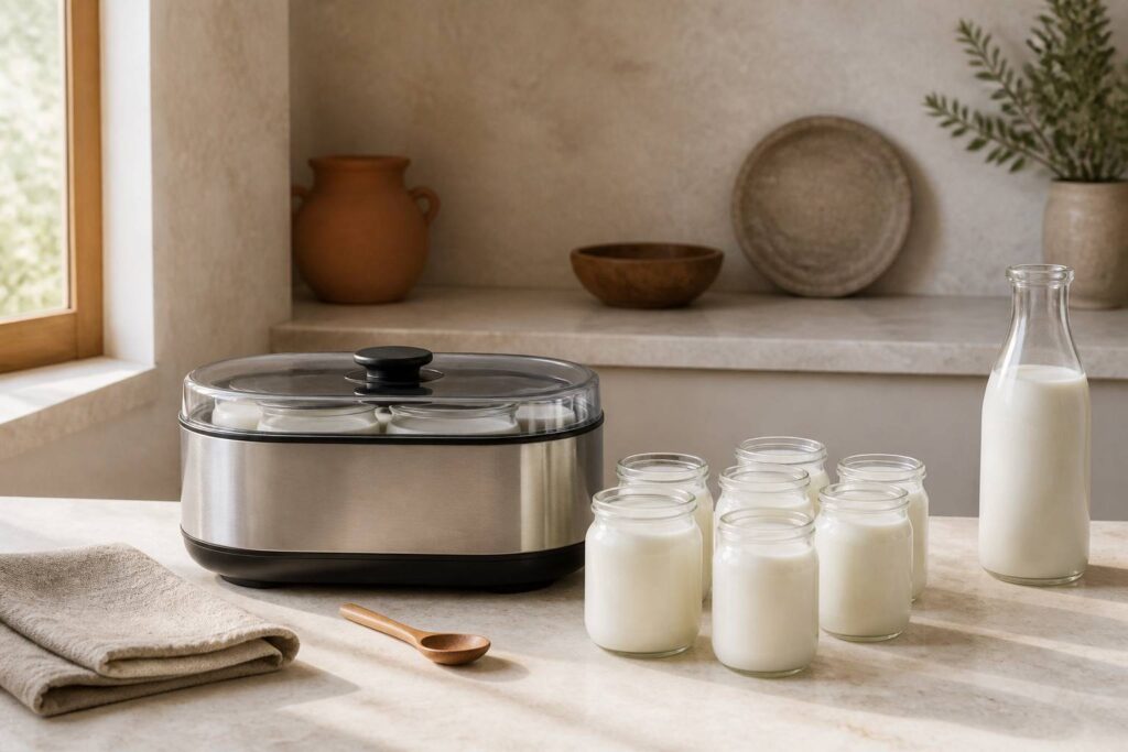 Yaourtière en inox avec des pots en verre de yaourt maison sur un plan de travail