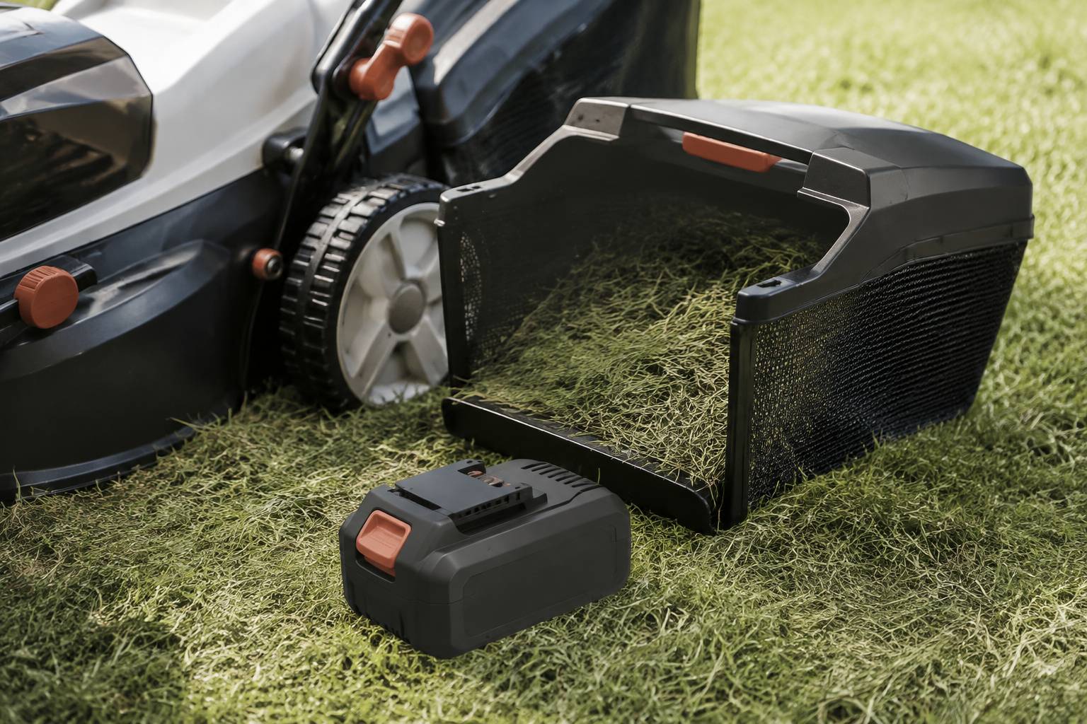 Batterie amovible sans logo et bac de ramassage d’une tondeuse posée sur l’herbe