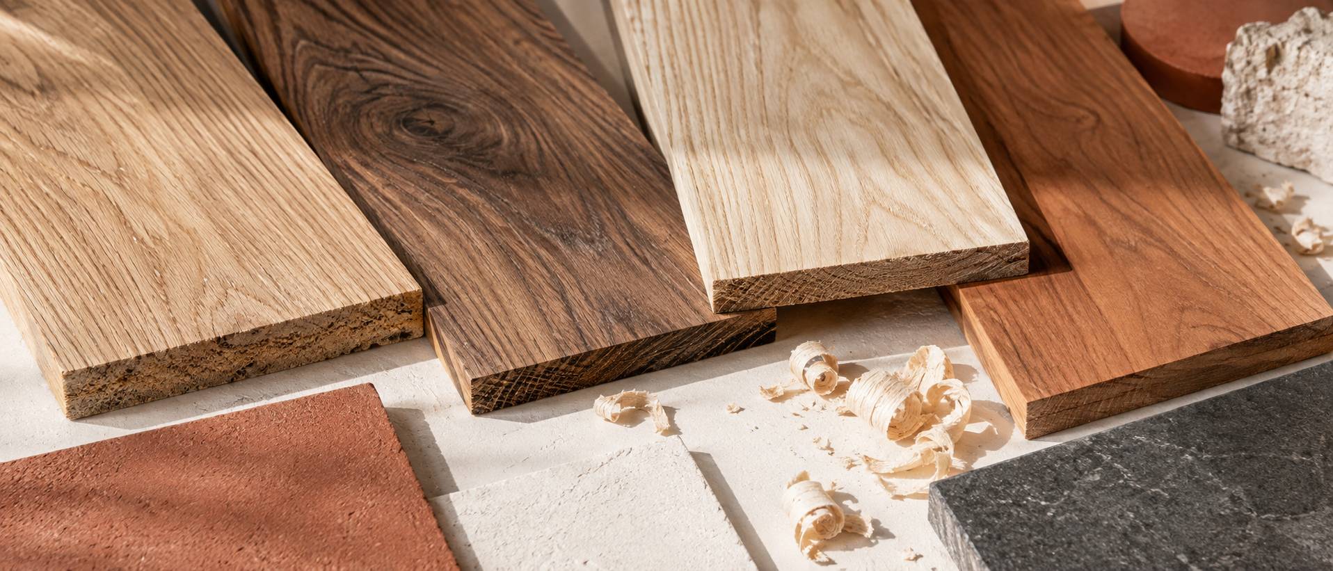 Echantillons de lames de bois de differentes essences poses cote a cote