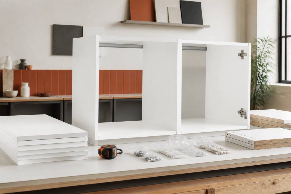 Caisson de cuisine en mélaminé blanc assemblé dans un atelier avec panneaux et portes empilés