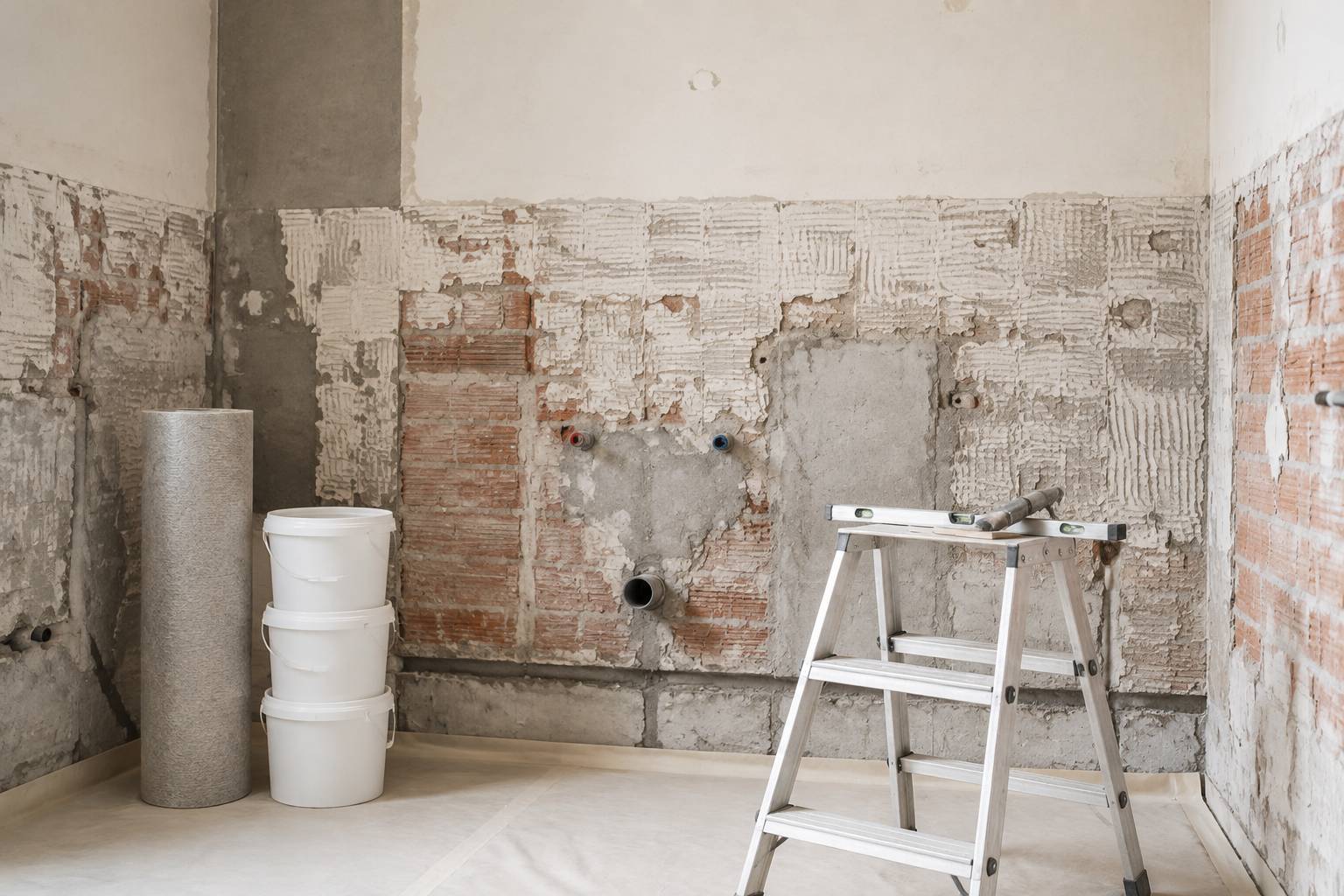 Salle de bain en cours de dépose avec réseaux apparents et matériaux d'étanchéité rangés sans marque