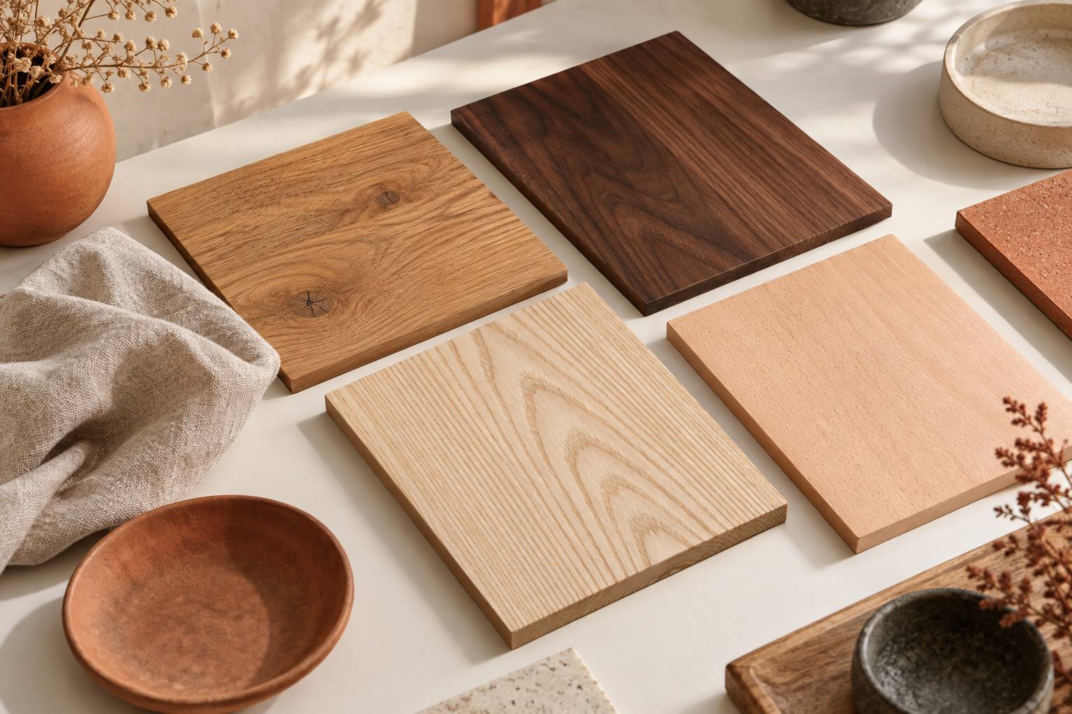 Echantillons de differentes essences de bois poses sur un plan de travail