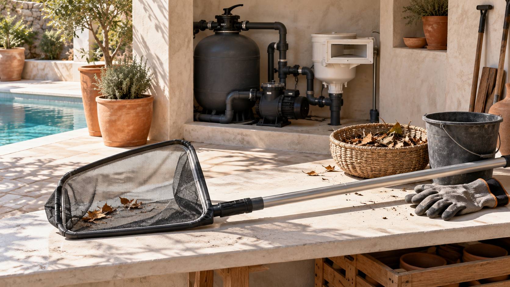 Épuisette à filet fin avec panier de débris végétaux près d'un skimmer