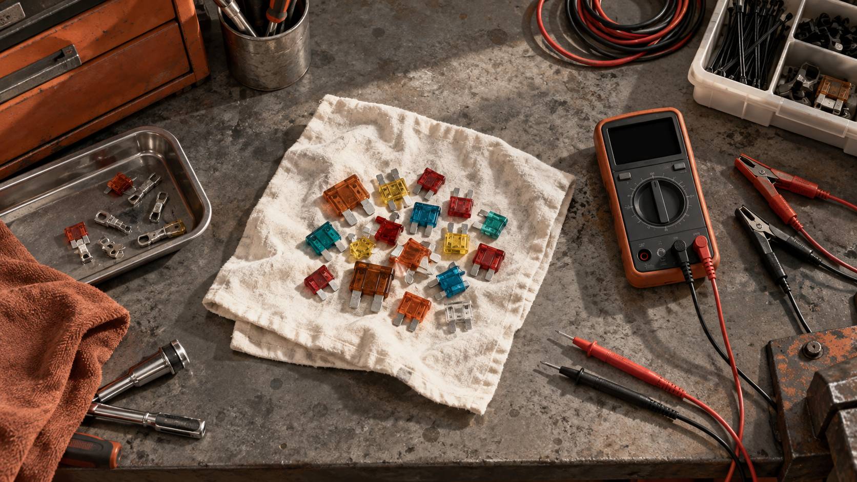 Assortiment de fusibles de couleurs et multimetre eteint sur un etabli