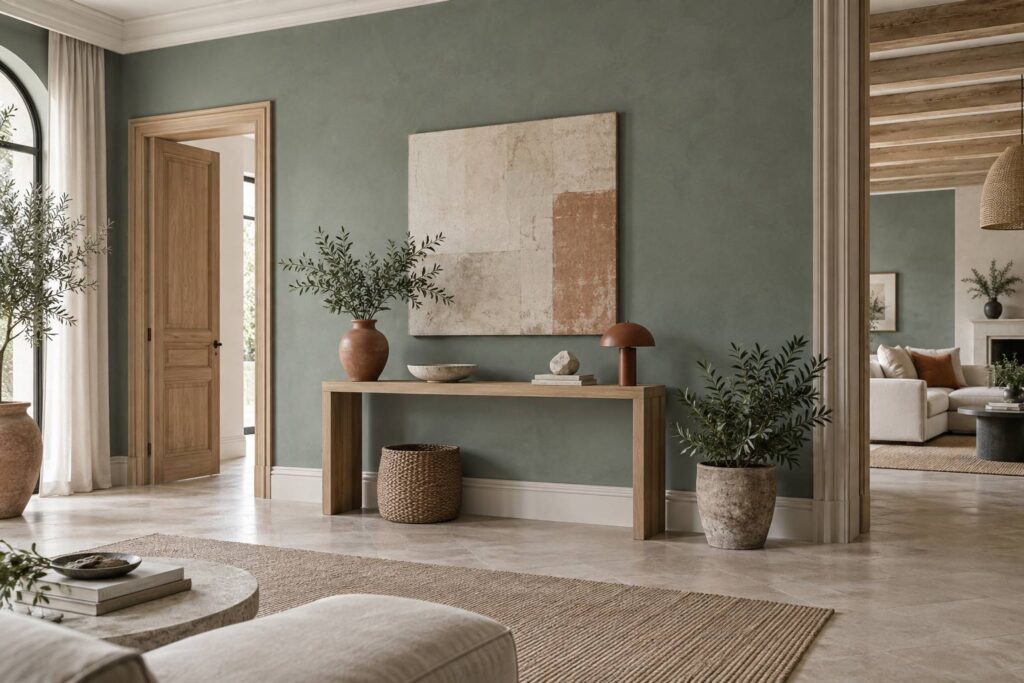 Mur intérieur peint en vert-de-gris mat avec boiseries et console claires