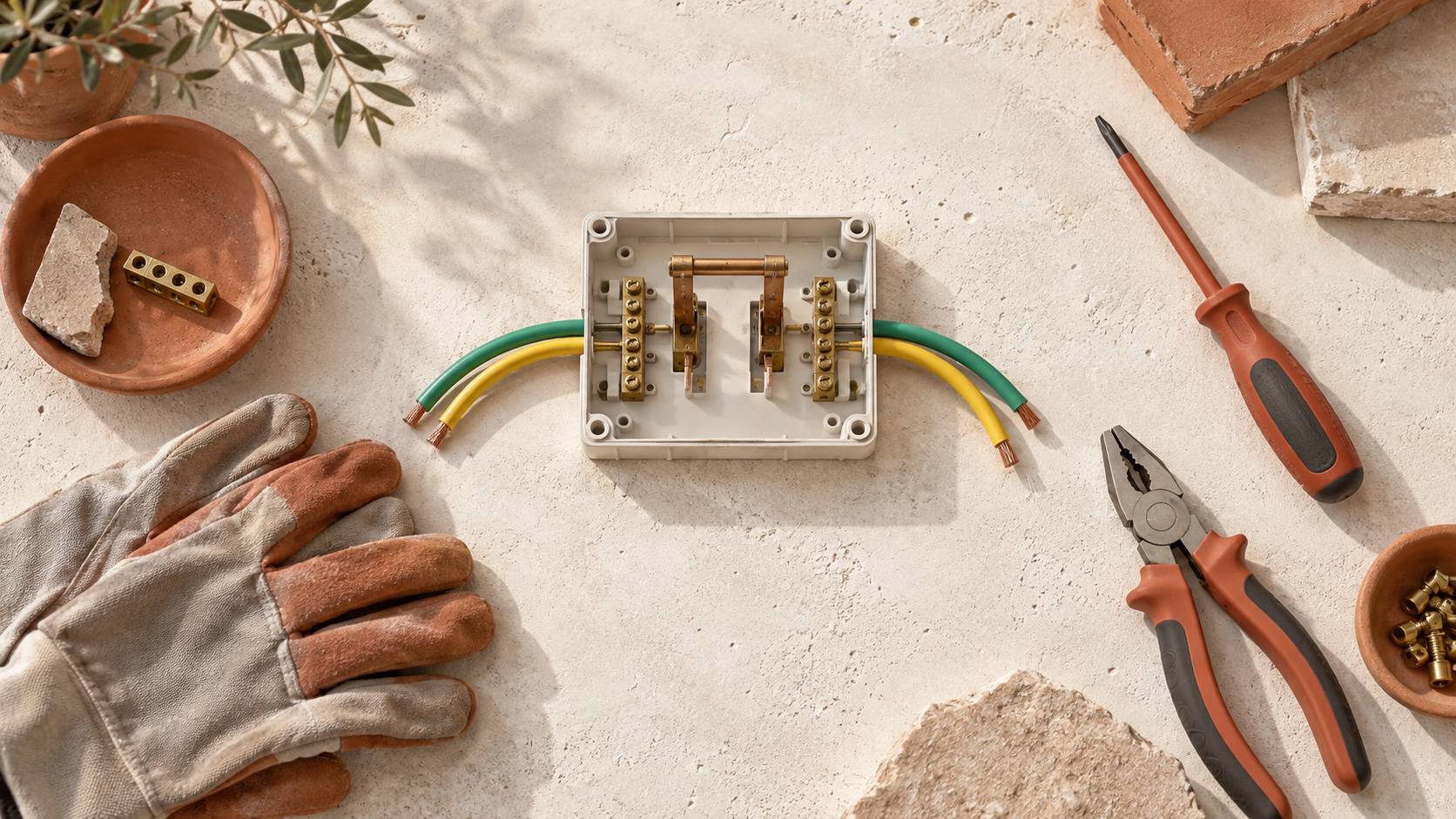 Barrette de coupure et cables vert-jaune sur un poste de raccordement electrique