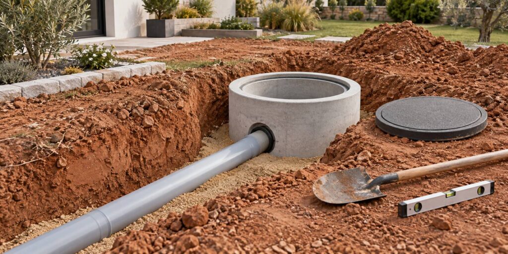 Regard beton prefabrique pose dans une tranchee avec couvercle en fonte