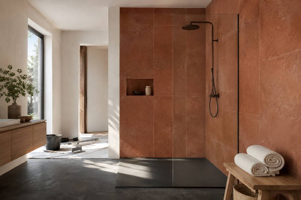 Salle de bain contemporaine rénovée avec douche à l'italienne, faïence terre cuite et sol minéral anthracite