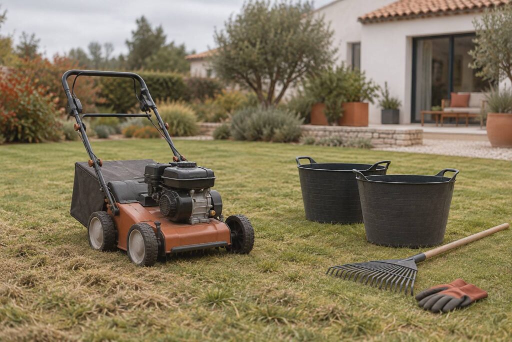 Scarificateur thermique pose sur une pelouse de jardin