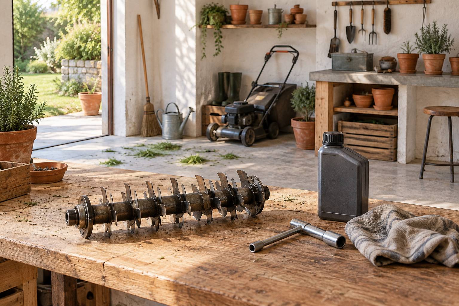Lame de scarificateur demontee sur un etabli d'atelier